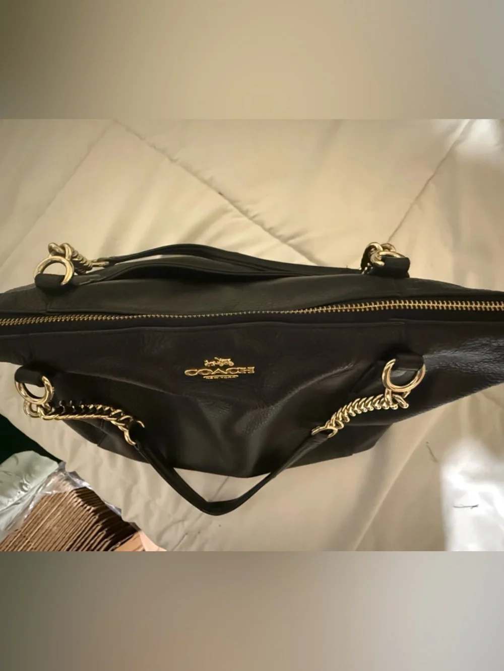Coach Ava Black Pebble Leather Chain-Handle Tote - Picture 10 of 16